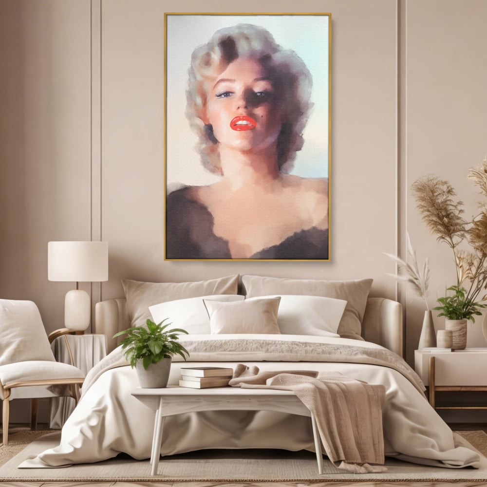 Tablou canvas cu tablou canvas cu marilyn monroe, in rama de aluminiu auriu, pe perete intr-un dormitor